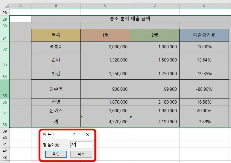 엑셀의 행 높이를 20으로 설정한 모습