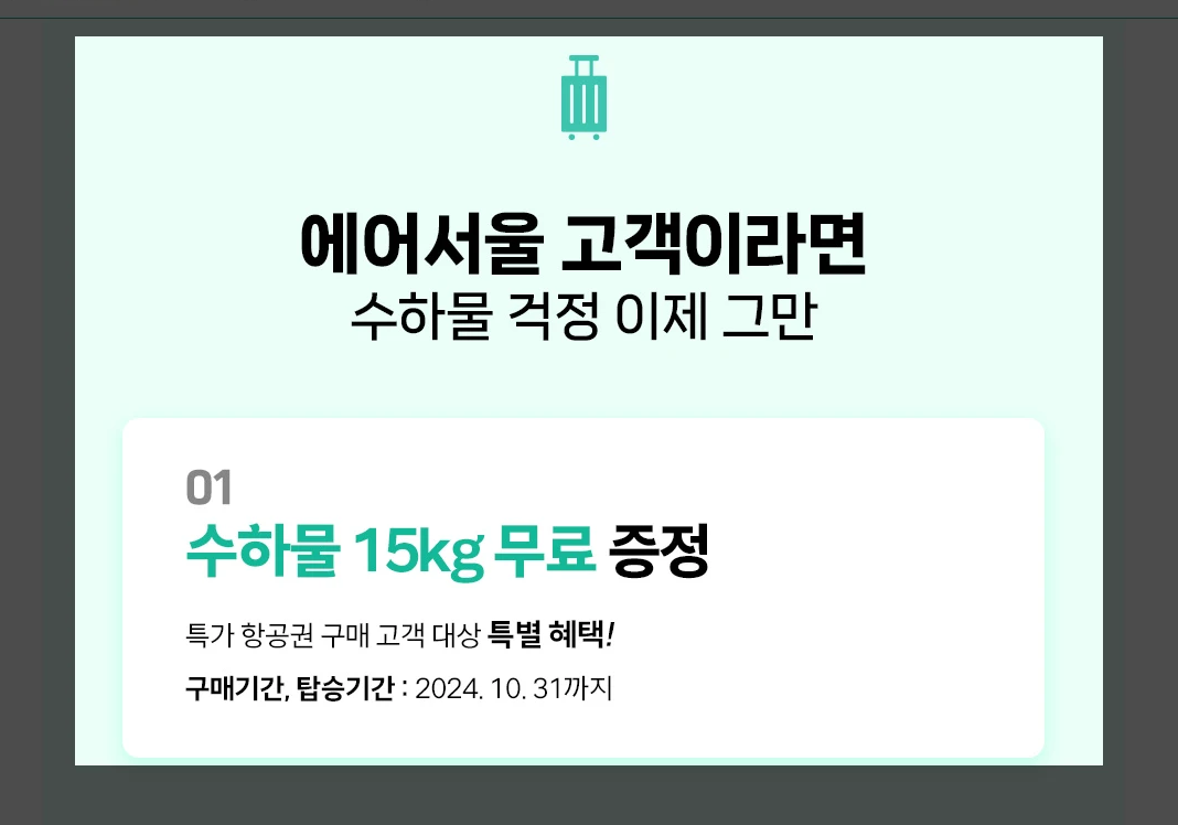 수하물 15kg 무료 특별 혜택 이벤트