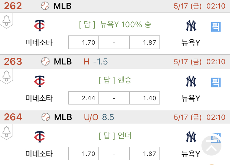 [진짜총판] 5월17일 미네소타 VS 뉴욕양키스 야구분석