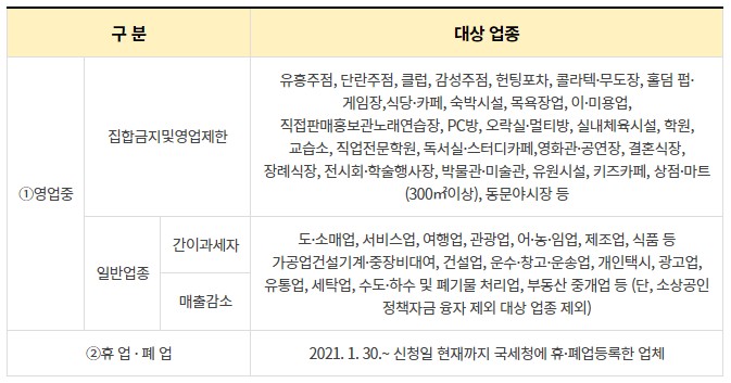 제주형 소상공인 경영회복지원금 지원대상 업종