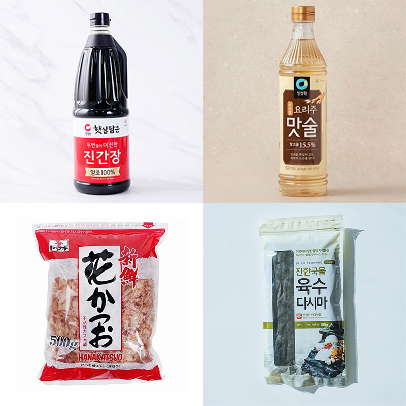 간장 1큰술, 맛술 1큰술, 가쓰오부시와 다시마는 취향대로