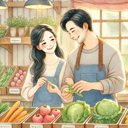 신선한 재료를 선택하고 있는 남녀 한쌍의 이미지