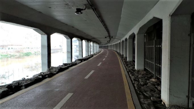 성산로 아래 터널 같은 자전거길&#44; 왼쪽만 교각 사이로 햇빛이 환하게 들고 있음&#44;