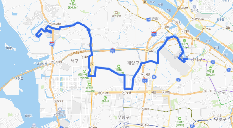  인천 66번 버스 노선 정보 : 오류동, 검단오류역, 마전역, 독정역, 검암역, 김포공항, 송정역