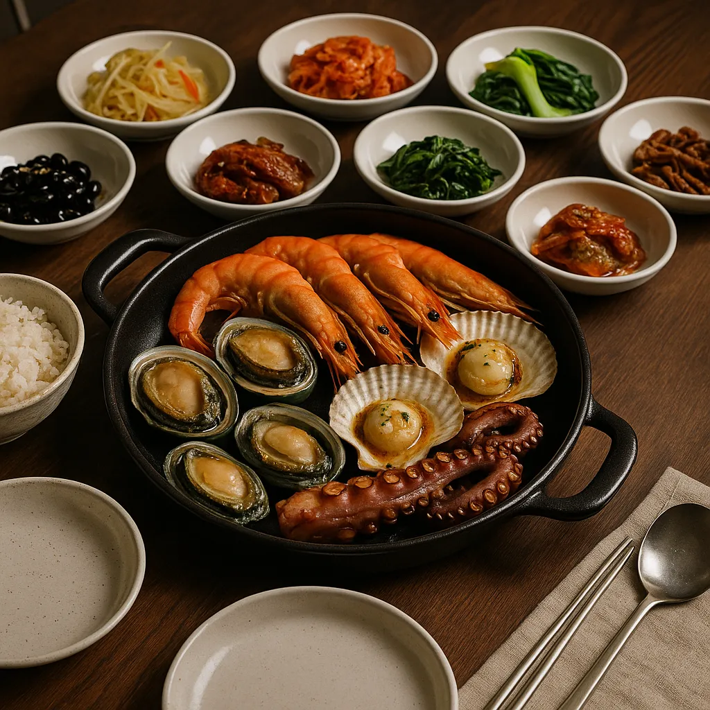 해산물 구이와 한식 반찬으로 차린 식탁