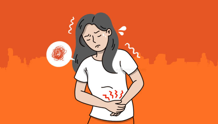 변비로 인해 배가 아픈 듯한 여성 일러스트. 변비 설명을 돕는 이미지