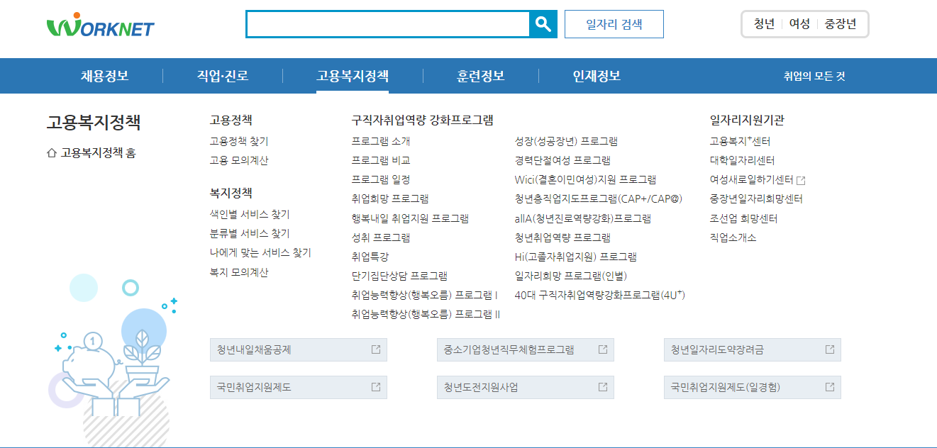 워크넷-홈페이지-전체메뉴-고용복지정책