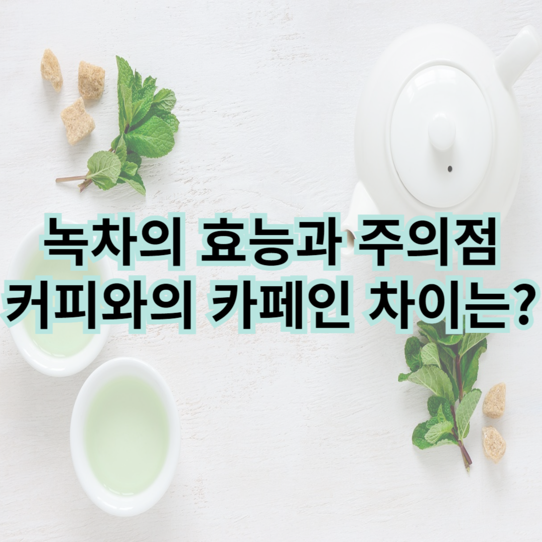 녹차 모습이 배경으로 있으며 녹차의 효능과 주의점&#44; 커피와의 카페인 차이는?이라고 글이 적혀있다.