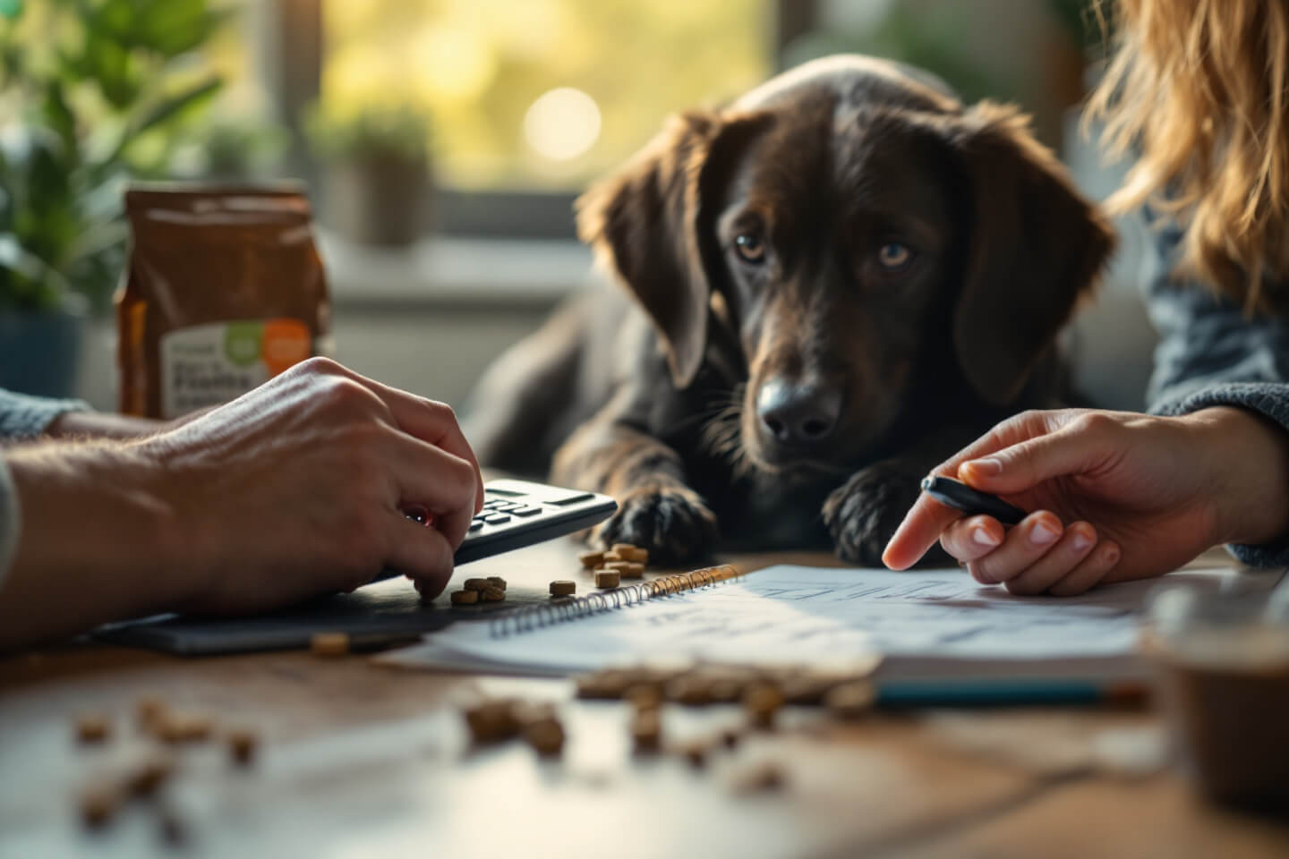 person calculating pet expenses on calculator with dog food and supplies nearby