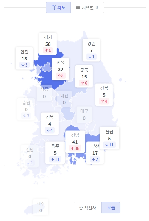 코로나 19 라이브 지역별 확진자 상황