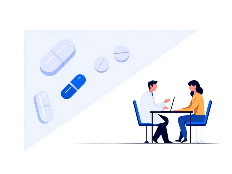 여러 종류의 알약(수면제, 항우울제, 멜라토닌 상징)들이 놓여 있고, 그 옆에 의사와 환자가 상담하는 모습이 작게 그려진 일러스트. 약의 위험성과 필요성을 함께 나타내는 균형 잡힌 이미지.