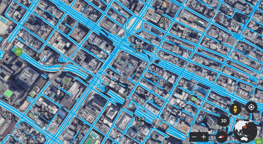 구글 어스 지도 상 도로가 파란색으로 나타난 모습