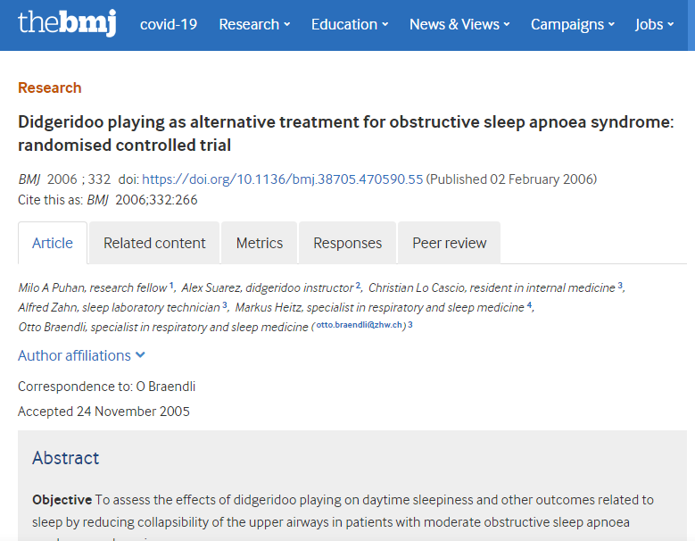 폐쇄성 수면 무호흡 증후군에 대한 대체 치료법으로 디저리두 연주 논문