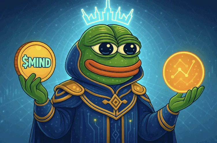 AI 회로 왕관을 쓴 페페 캐릭터가 $MIND 코인과 데이터를 들고 있는 장면의 대표 이미지. 이 이미지는 MIND 프로젝트의 AI 기술 기반 밈코인이라는 핵심 컨셉을 시각적으로 전달하며, 블로그의 마인드 오브 페페 프로젝트 소개와 관련된 내용을 설명함 (mind memecoin ai project illustration)