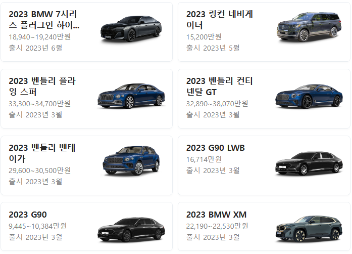 포털사이트 기준 국내시판 중인 대형 자동차 종류
