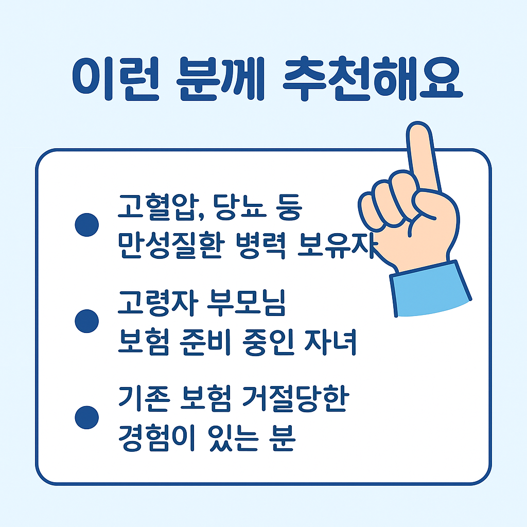 간편건강보험 추천 대상자를 설명한 인포그래픽, 고혈압·당뇨 환자, 고령자 부모 보험 준비 자녀, 보험 거절 경험자를 위한 안내문