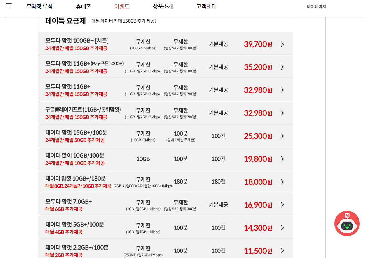 알뜰요금제 목록