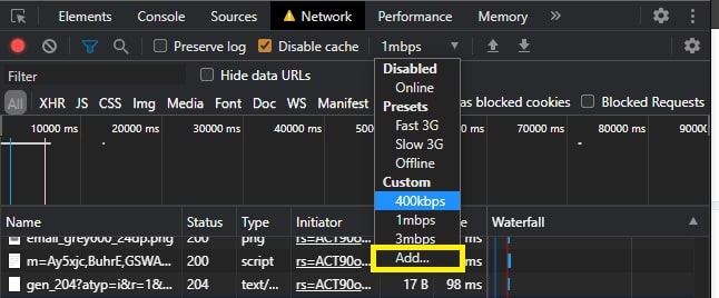 네트워크에서 oline 혹은 not throttling 선택