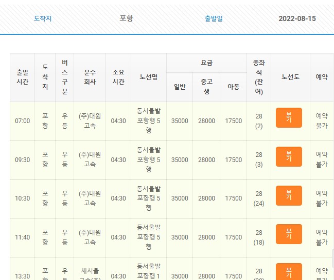  동서울터미널 시간표 확인방법 지역별 구분 1분 컷