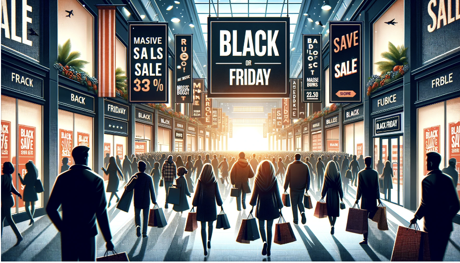 다음은 블랙 프라이데이에 대한 블로그 게시물의 와이드 썸네일 이미지입니다. 이 이미지는 블랙 프라이데이 기간 동안 소매점의 분주한 분위기를 포착하여 이 날의 소비자 흥분과 경제적 중요성을 강조합니다.