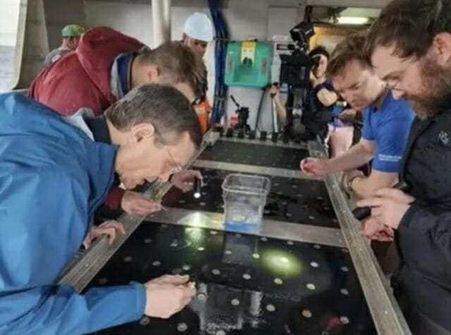 연구팀이 남태평양 바닥에서 회수한 소구체들을 조사하는 모습