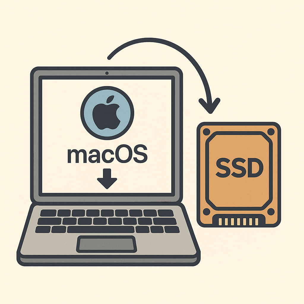 구형 Mac에 최신 macOS를 설치하고 SSD 성능을 비교하는 과정을 나타낸 일러스트