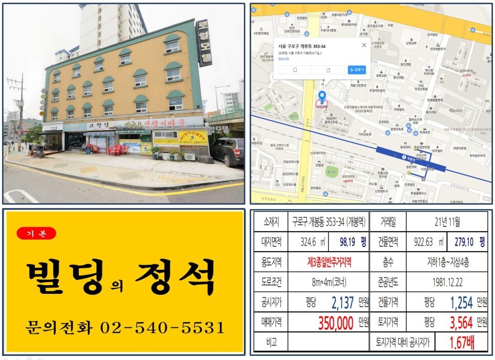  [구로구 30억 꼬마빌딩 실거래가 조회] 개봉동 353-34 (개봉역) 35억 원, 평당 3,564만 원 매매되었습니다.