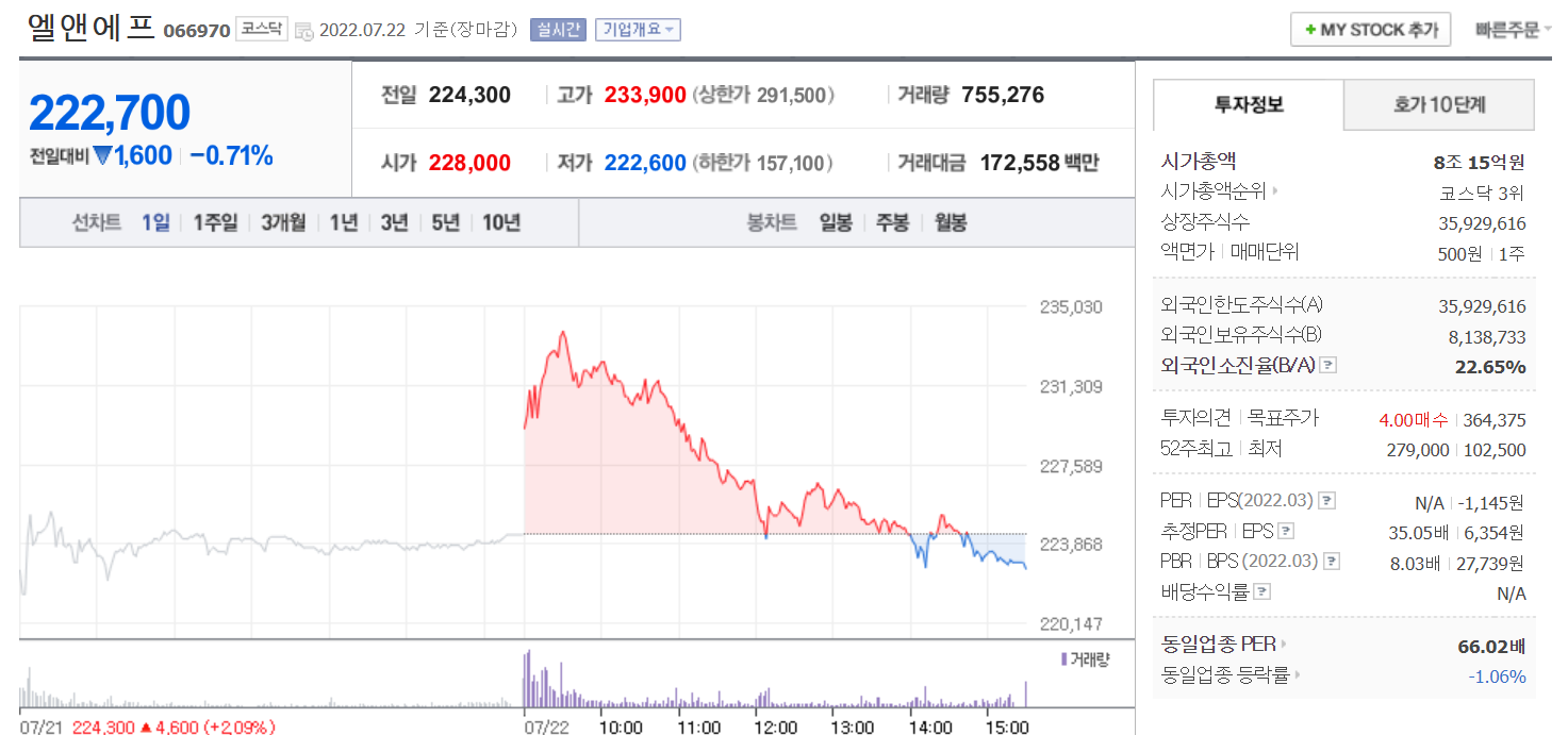 엘앤에프 주가정보 (출처 : 네이버 금융)