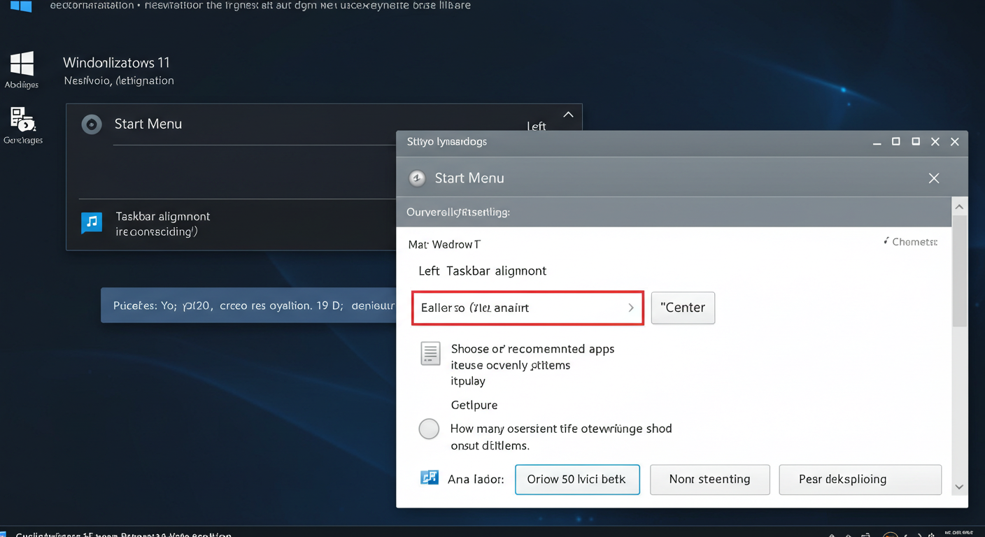 (Image Prompt: Screenshot of the Windows 11 Personalization settings, specifically showing the Taskbar alignment option ('Left'/'Center') and possibly the Start menu customization options. Style: Clear settings screenshot.)