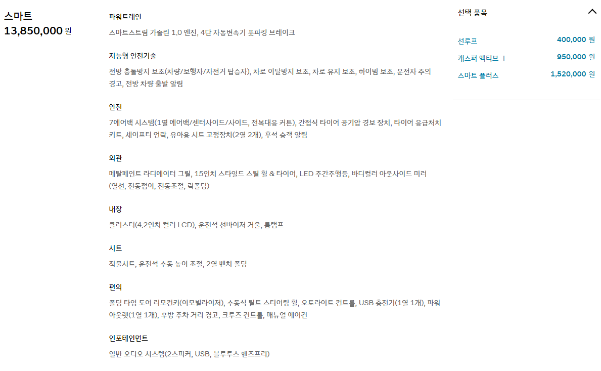 캐스퍼 스마트 가격
