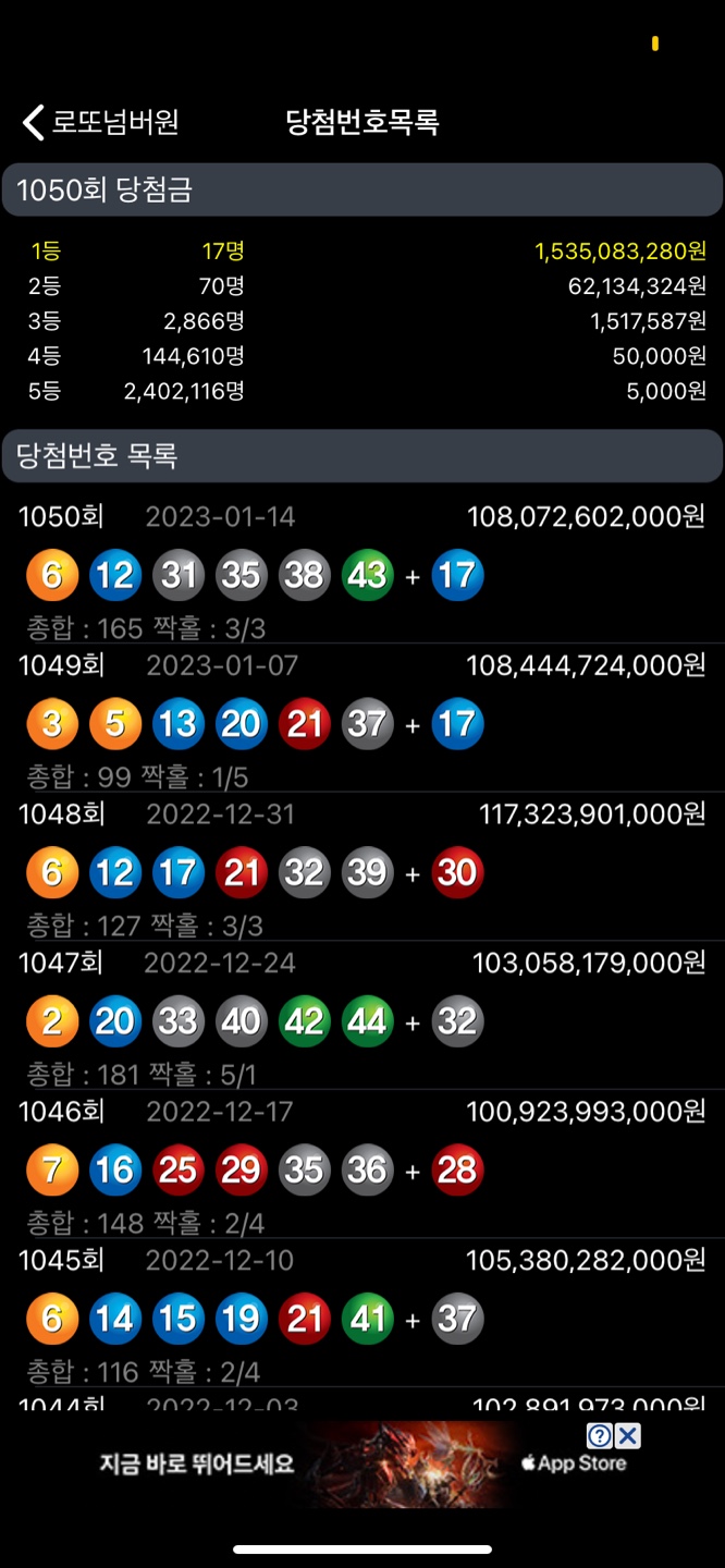  [로또] 1050회 당첨번호(6,12,31,35,38,43+17)