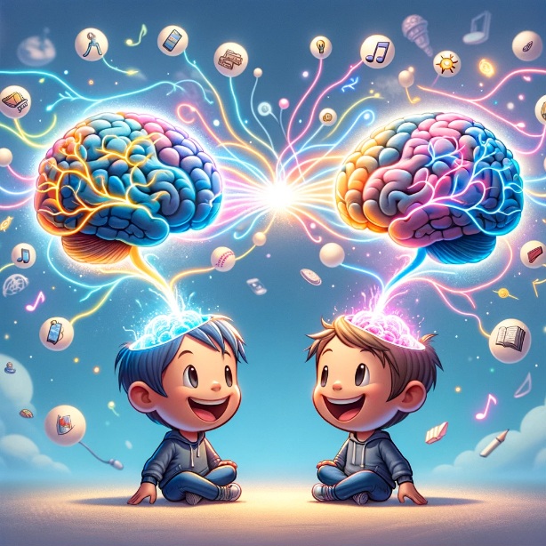 뉴런 공유를 설명한 그림. 마치 뇌가 서로 연결된 것처럼 같은 생각을 하는 것을 말한다.