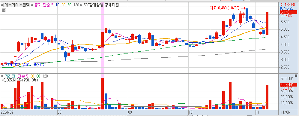 11월 06일 상한가 종목 에스와이스틸텍 일봉 차트