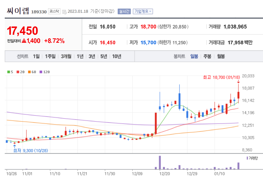 씨이랩 주가 차트