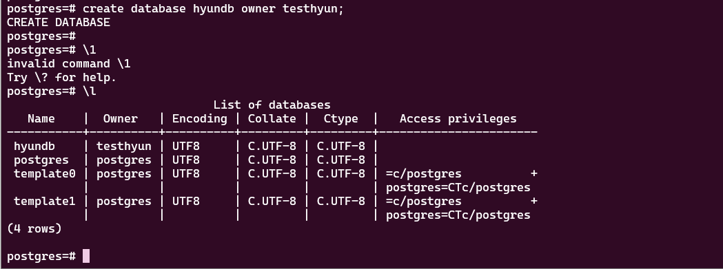 create database hyundb owner testhyun;