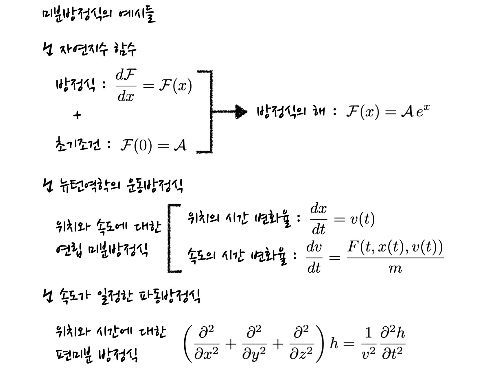 examples of differential equation. Differential equations for the natural exponential function&#44; Newtonial dynamics&#44; and wave with constant speed