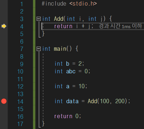 F11 누름. : 노란색 화살표가 함수 안으로 이동함.