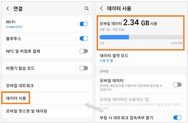 데이터 사용 - '모바일 데이터 사용량'을 확인합니다.