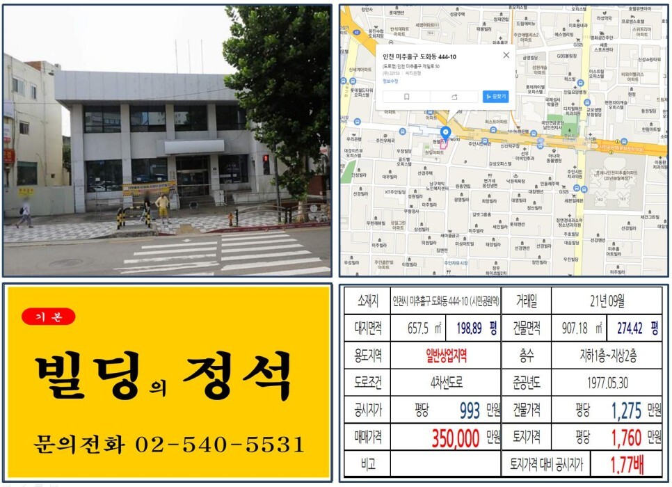  [인천시 미추홀구 30억 꼬마빌딩 실거래가 조회] 도화동 444-10 (시민공원역) 35억 원, 평당 1,760만 원 매매되었습니다.