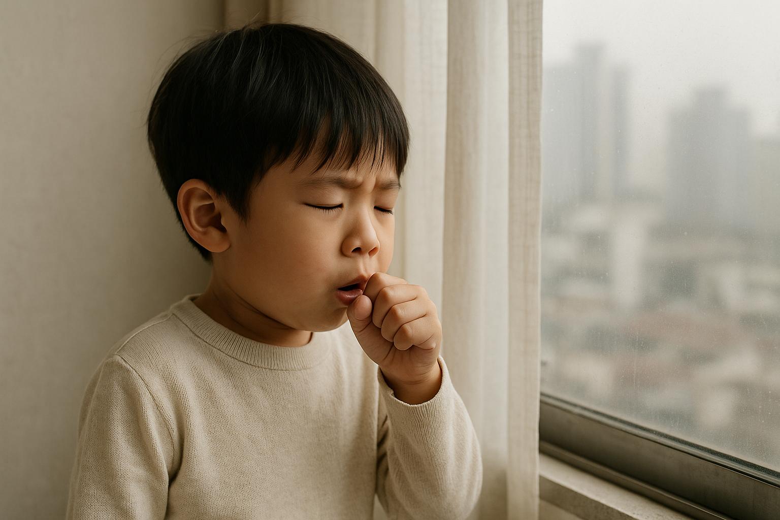 기침하는 아이가 창문 옆에서 실내에 서 있는 모습 – 미세먼지와 호흡기 건강 경고를 상징하는 사진
