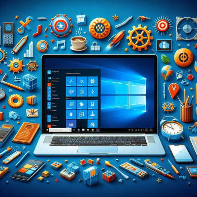 다양한 아이콘과 기계 부품이 있는 가운데 노트북에 윈도우 화면이 보이는 장면