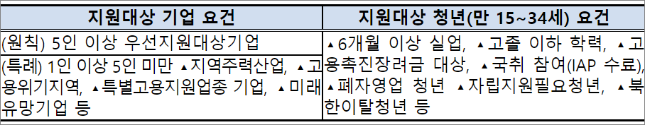 청년 근속 장려금 지원 대상 기업 및 청년