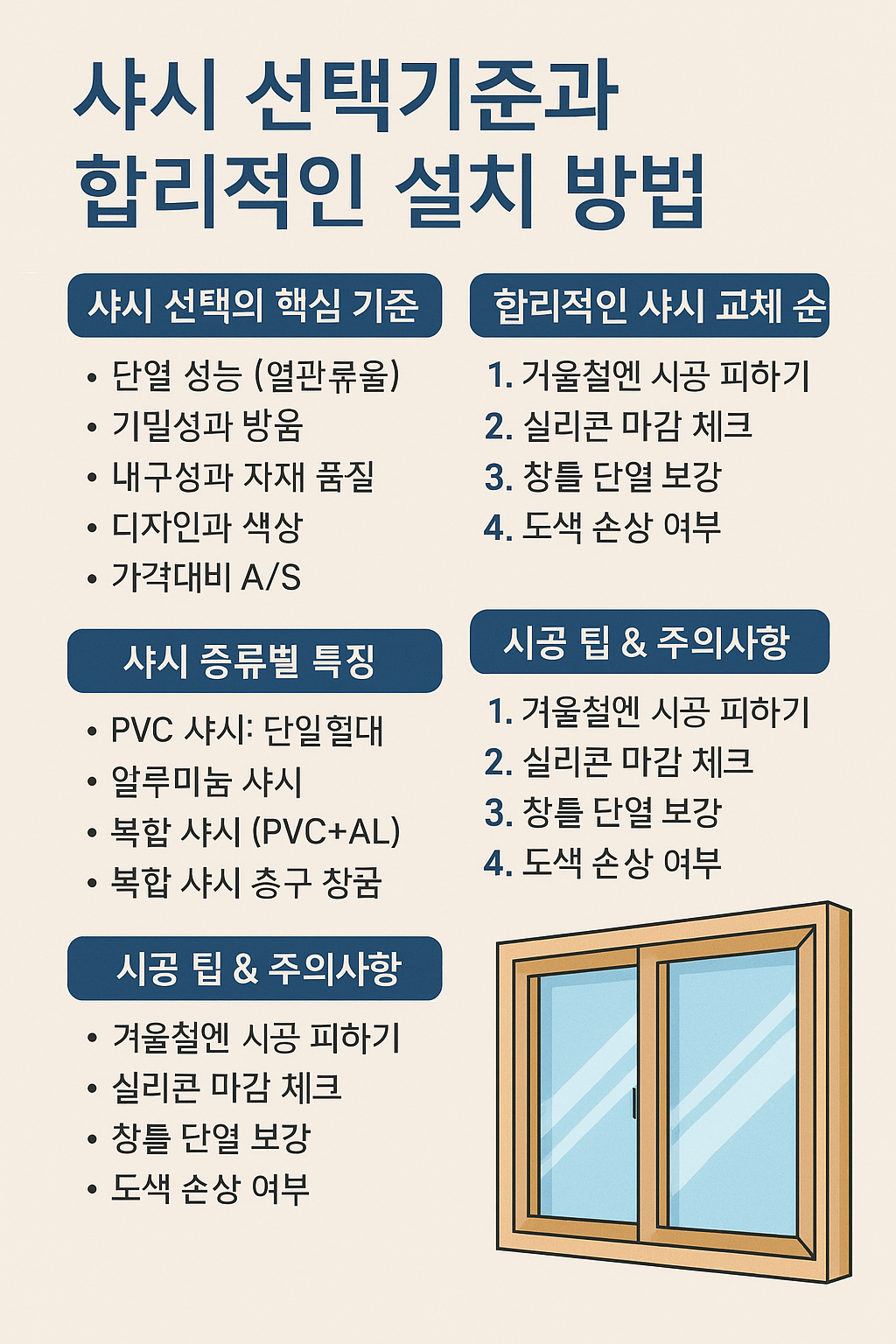 샤시 선택과 설치 방법을 단계별로 안내하는 한국어 인포그래픽으로, 샤시 종류, 유리 선택 기준, 설치 절차, 시공 팁 등이 정리되어 있음