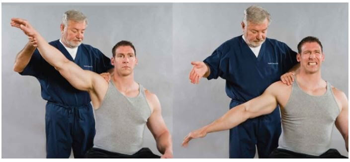 좌측 사진은 검사자가 환자의 팔을 들어 올리는 사진&#44; 다음 사진은 환자 스스로 팔을 떨어뜨리는 사진.