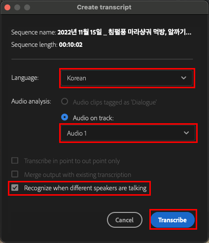 프리미어 프로 자동 자막 설정창