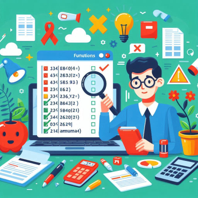 엑셀 함수와 데이터를 확인하는 사람을 그린 일러스트입니다.