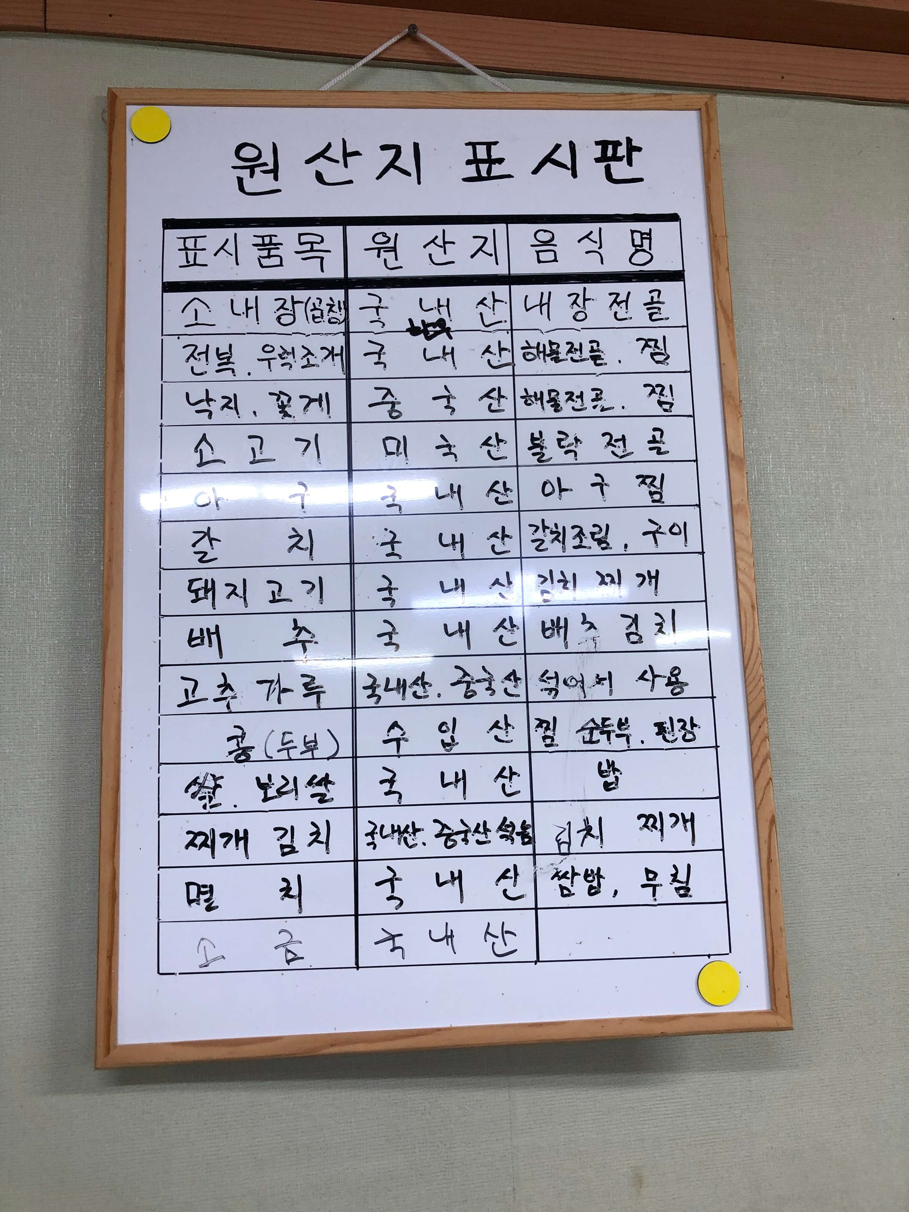 민수랜드-남해동천식당 원산지표시판