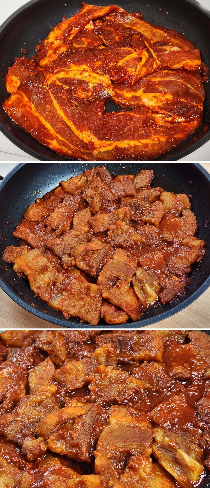윙잇-고추장-삼겹살-오늘고기-프라이팬에-굽는-모습-사진