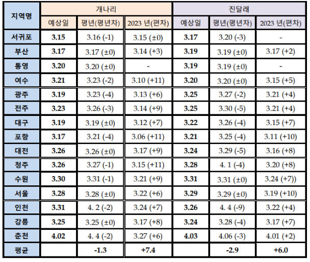 진달래&#44; 개나리 개화시기(출처:웨더아이)