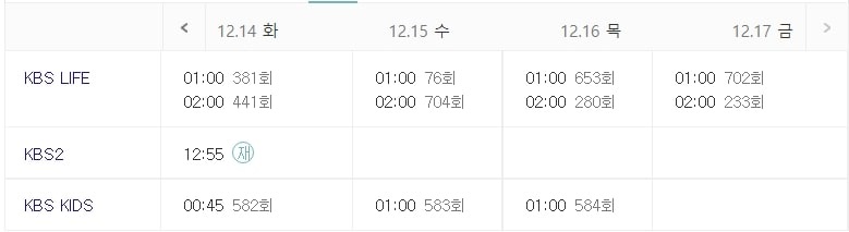 다큐멘터리 3이리 프로그램 채널별 편성시간표